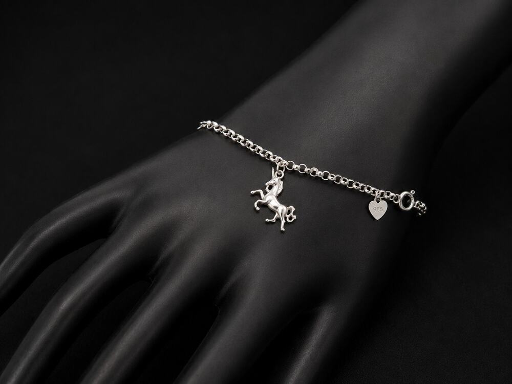 925 Sterling Silver Unicorn Charm Bracelet 7.5” Rolo Chain Heart Tag